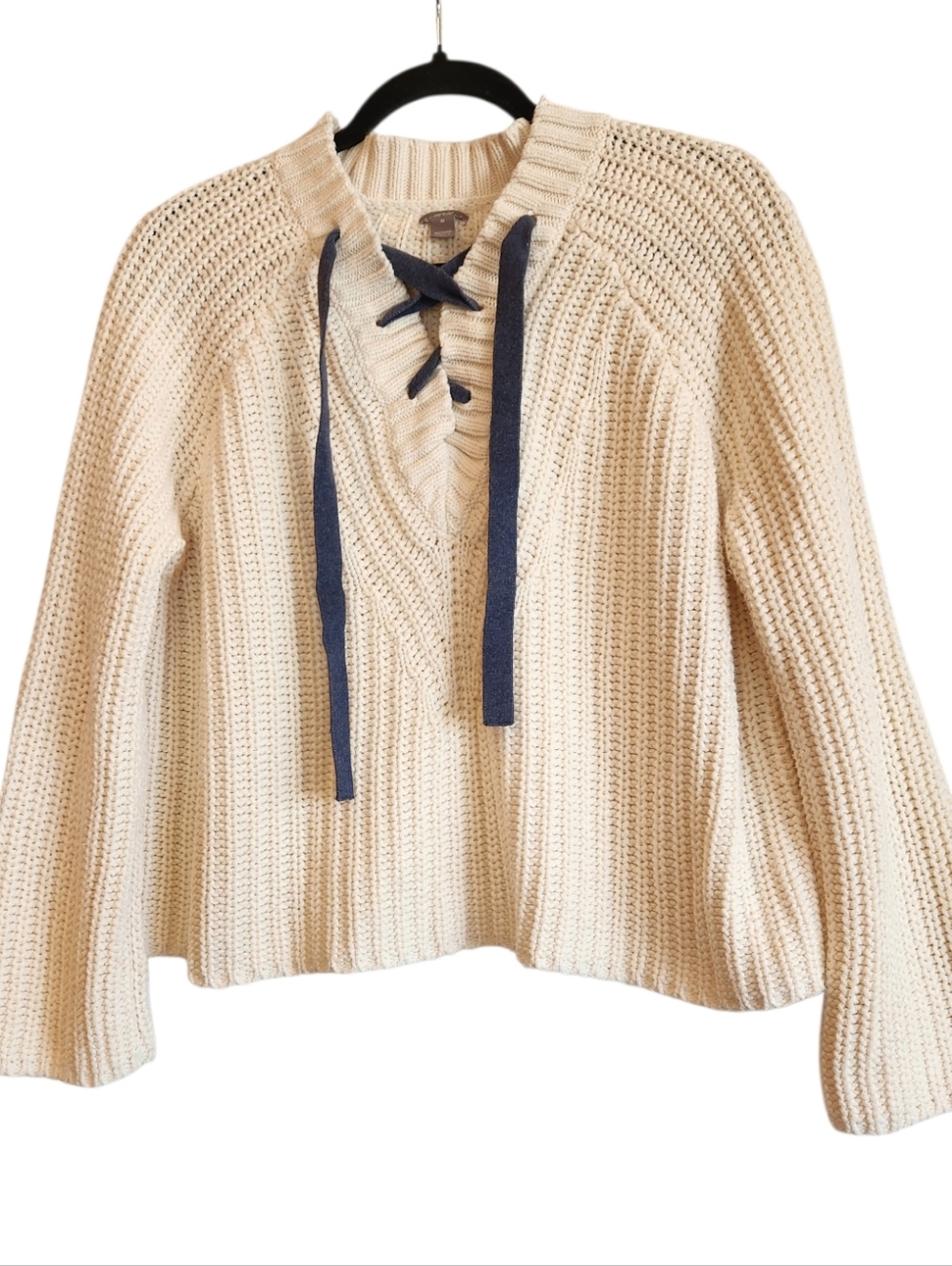 aerie Cream Lace-Up V-Neck Sweater With Navy Ties Size M Super Soft Boxy Fit - Picture 2 of 13
